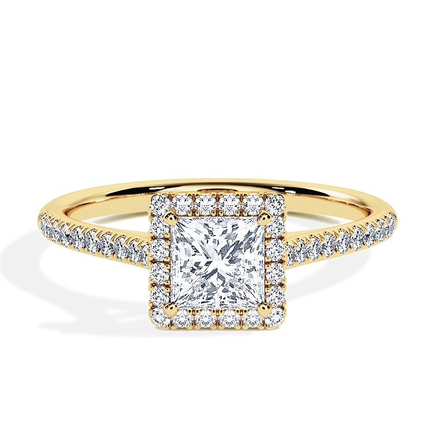 Verlovingsring Geelgoud - 0.62 ct Princess - Model N°3408, Halo, Pavé Verlovingsring Geelgoud - 0.62 ct Princess - Model N°3408, Halo, Pavé