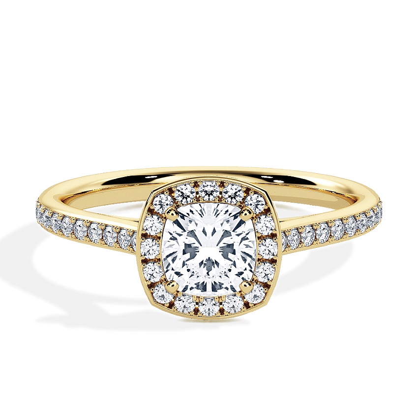 Verlovingsring Geelgoud - 0.84 ct Cushion - Model N°3409, Halo, Pavé Verlovingsring Geelgoud - 0.84 ct Cushion - Model N°3409, Halo, Pavé