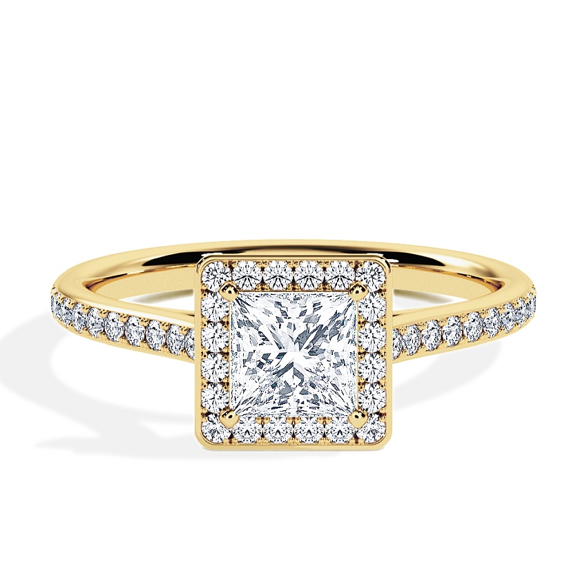 Verlovingsring Geelgoud - 0.62 ct Princess - Model N°3409, Halo, Pavé Verlovingsring Geelgoud - 0.62 ct Princess - Model N°3409, Halo, Pavé