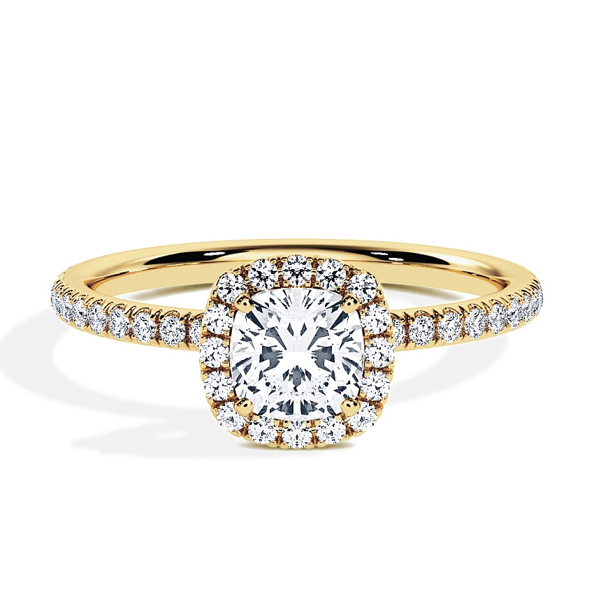 Verlovingsring Geelgoud - 1.00 ct Cushion - Model N°3411, Halo, Pavé Verlovingsring Geelgoud - 1.00 ct Cushion - Model N°3411, Halo, Pavé