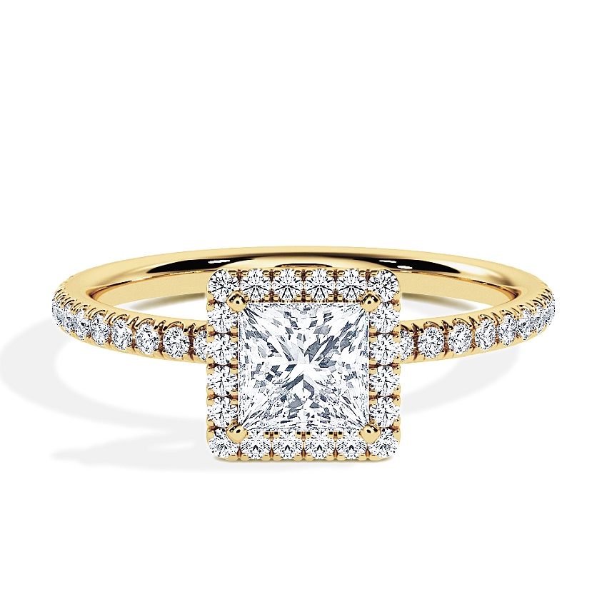 Verlovingsring Geelgoud - 0.78 ct Princess - Model N°3411, Halo, Pavé Verlovingsring Geelgoud - 0.78 ct Princess - Model N°3411, Halo, Pavé
